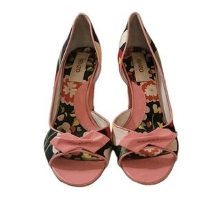Kenzo Womens Floral Peep Toe Shoe Size 5 Asymmetrical Bow Block Heels Pink